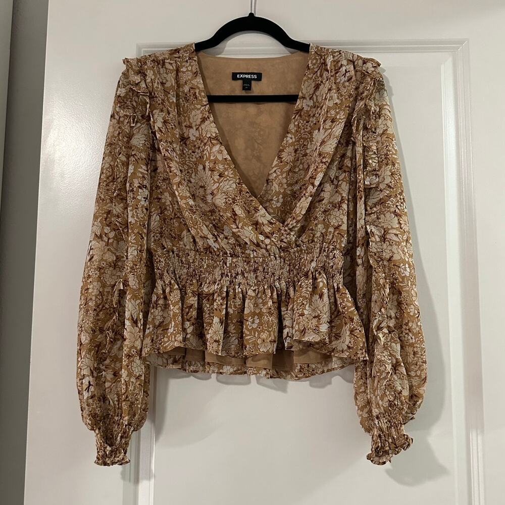 Express Floral V-Neck Smocked Cuff Blouse - Size XS